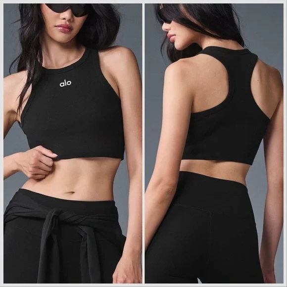 ALO Yoga Black White Aspire Cropped Tank Top Sz M - Picture 2 of 12